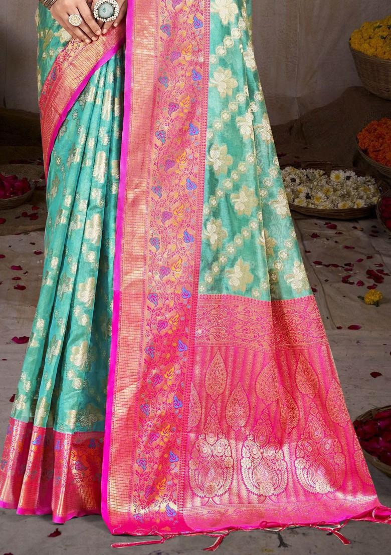Turquoise Blue Printed Woven Poly Blend Saree Set