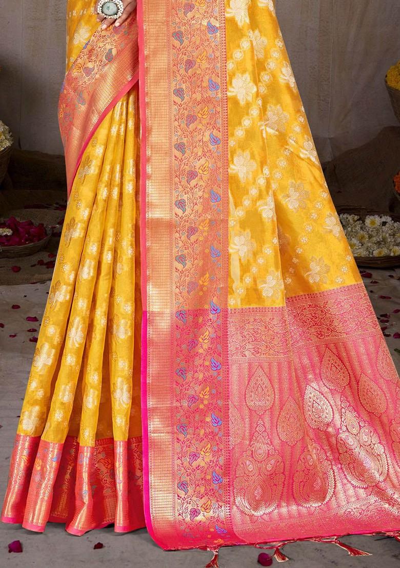 Yellow Printed Woven Poly Blend Saree Set
