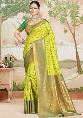 Sea Green Printed Woven Poly Blend Saree Set