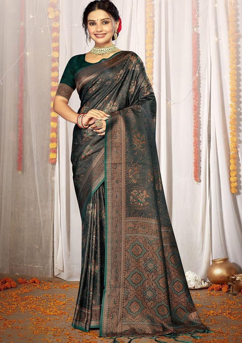 Blue Printed Woven Poly Blend Saree Set