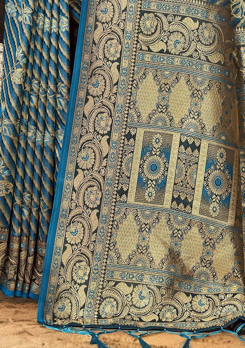 Blue Printed Woven Poly Blend Saree Set