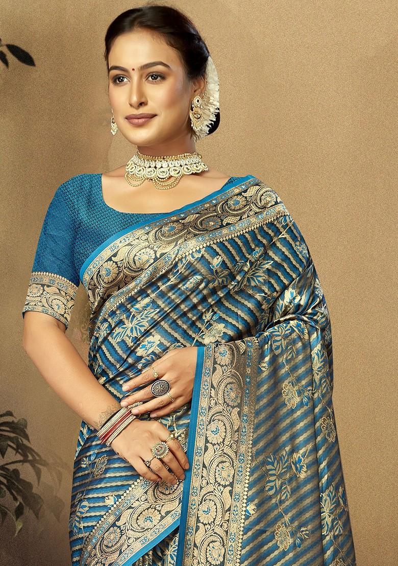 Blue Printed Woven Poly Blend Saree Set