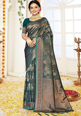 Blue Printed Woven Poly Blend Saree Set