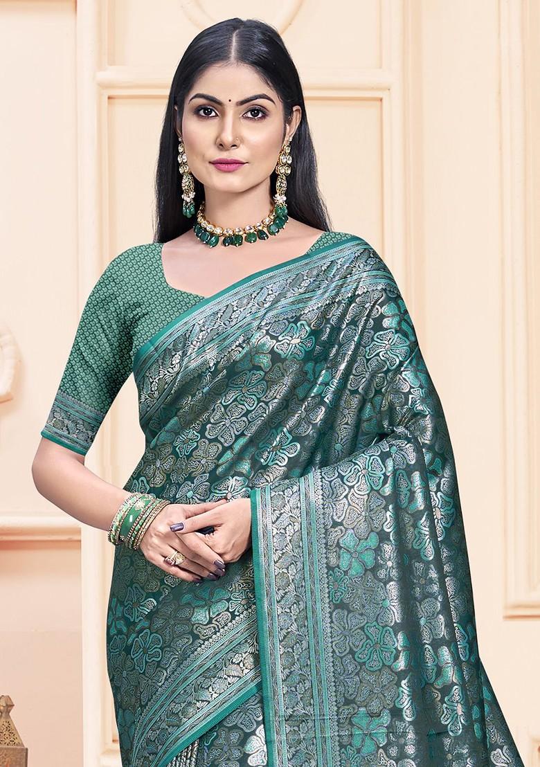 Blue Printed Woven Poly Blend Saree Set