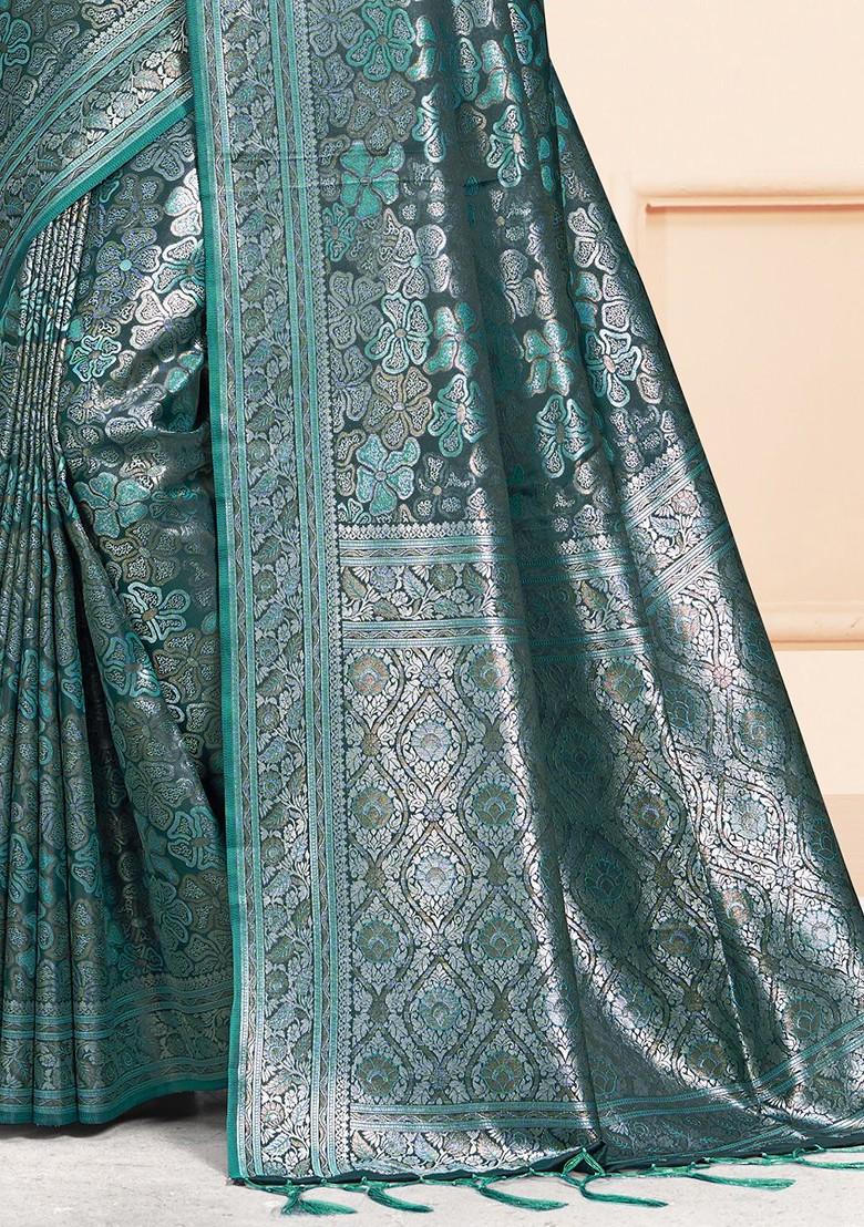 Blue Printed Woven Poly Blend Saree Set