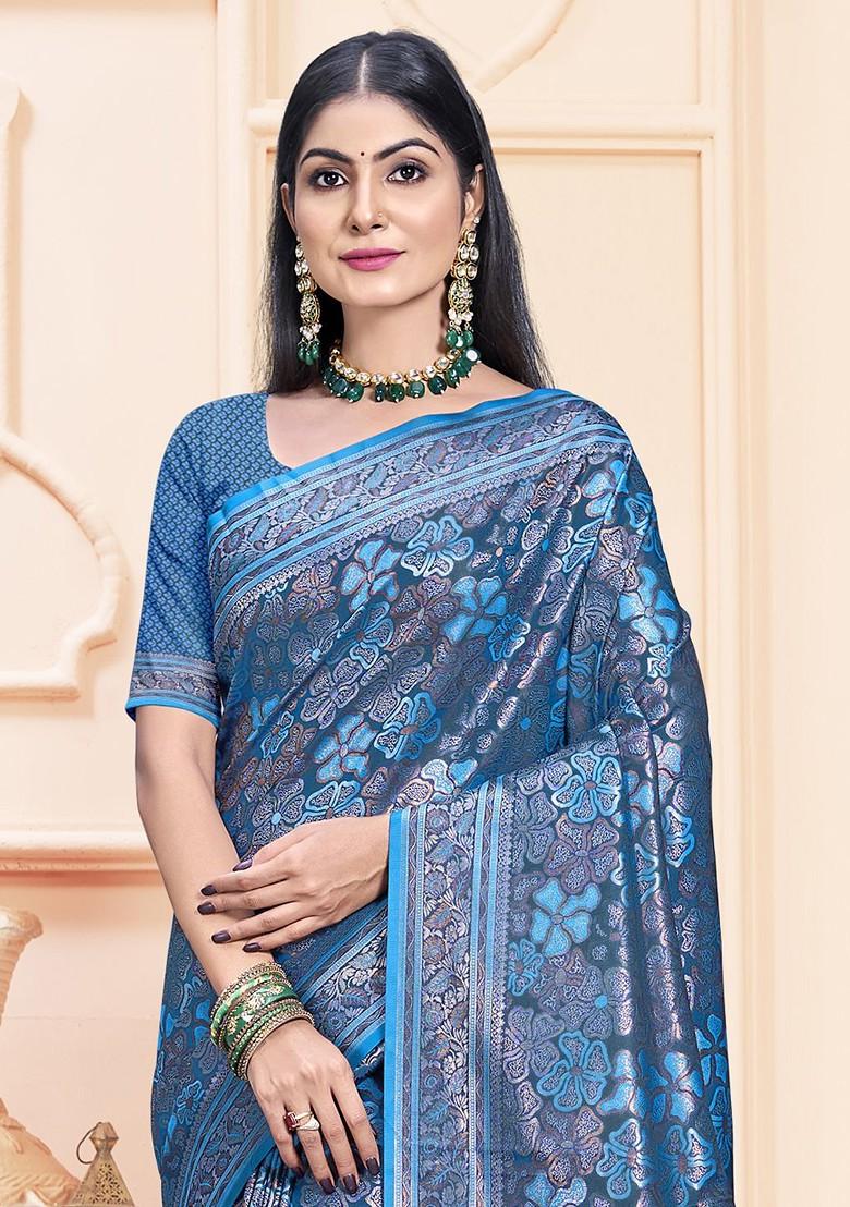 Blue Printed Woven Poly Blend Saree Set