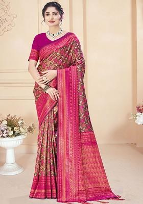 Fuchsia Pink Printed Woven Poly Blend Saree Set