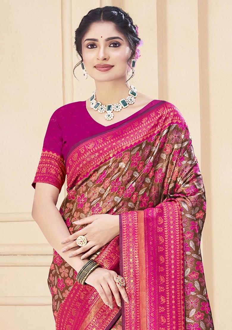 Fuchsia Pink Printed Woven Poly Blend Saree Set