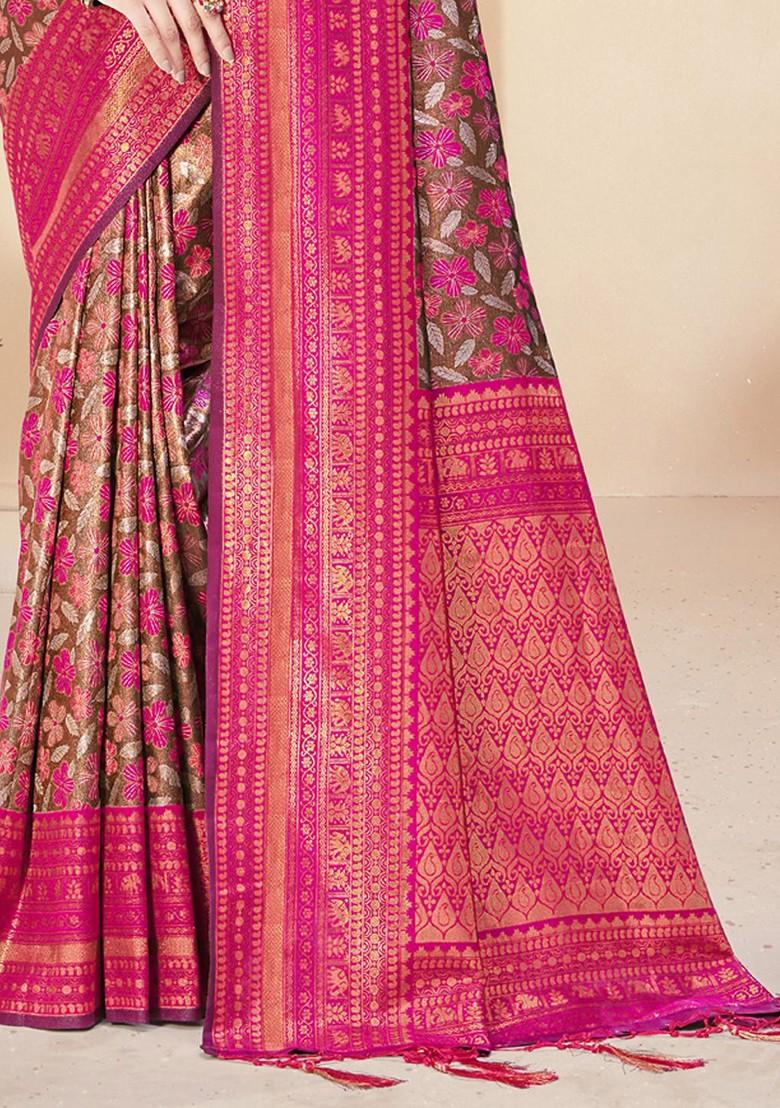 Fuchsia Pink Printed Woven Poly Blend Saree Set
