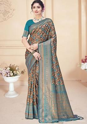 Brown Floral Print Woven Poly Blend Saree Set