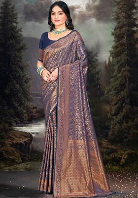 Navy Blue Printed Woven Poly Blend Saree Set