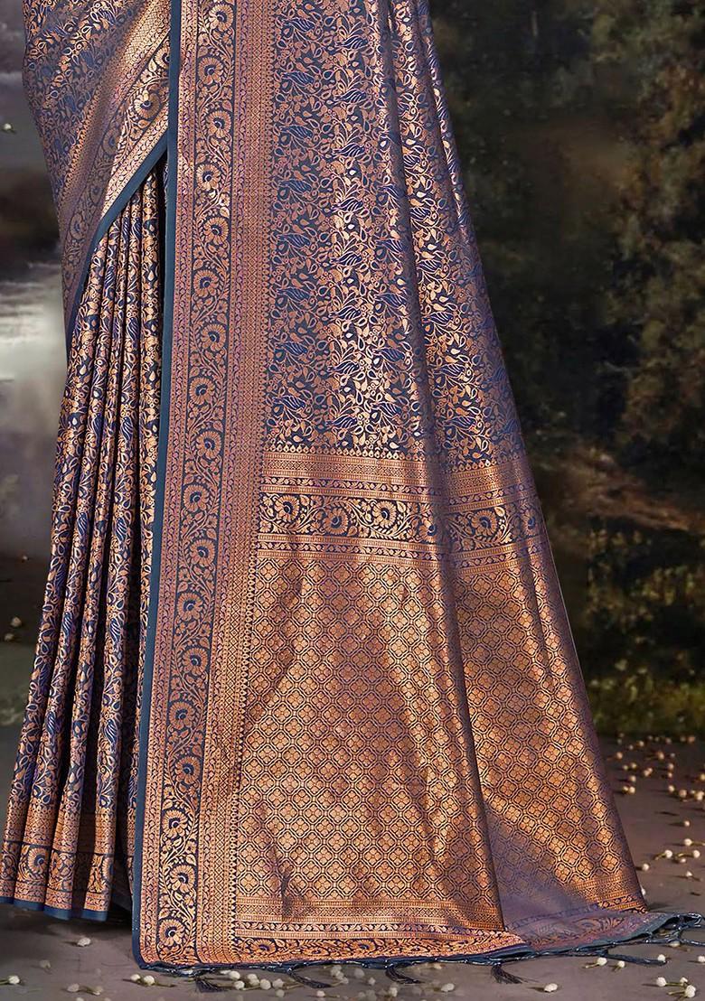 Navy Blue Printed Woven Poly Blend Saree Set