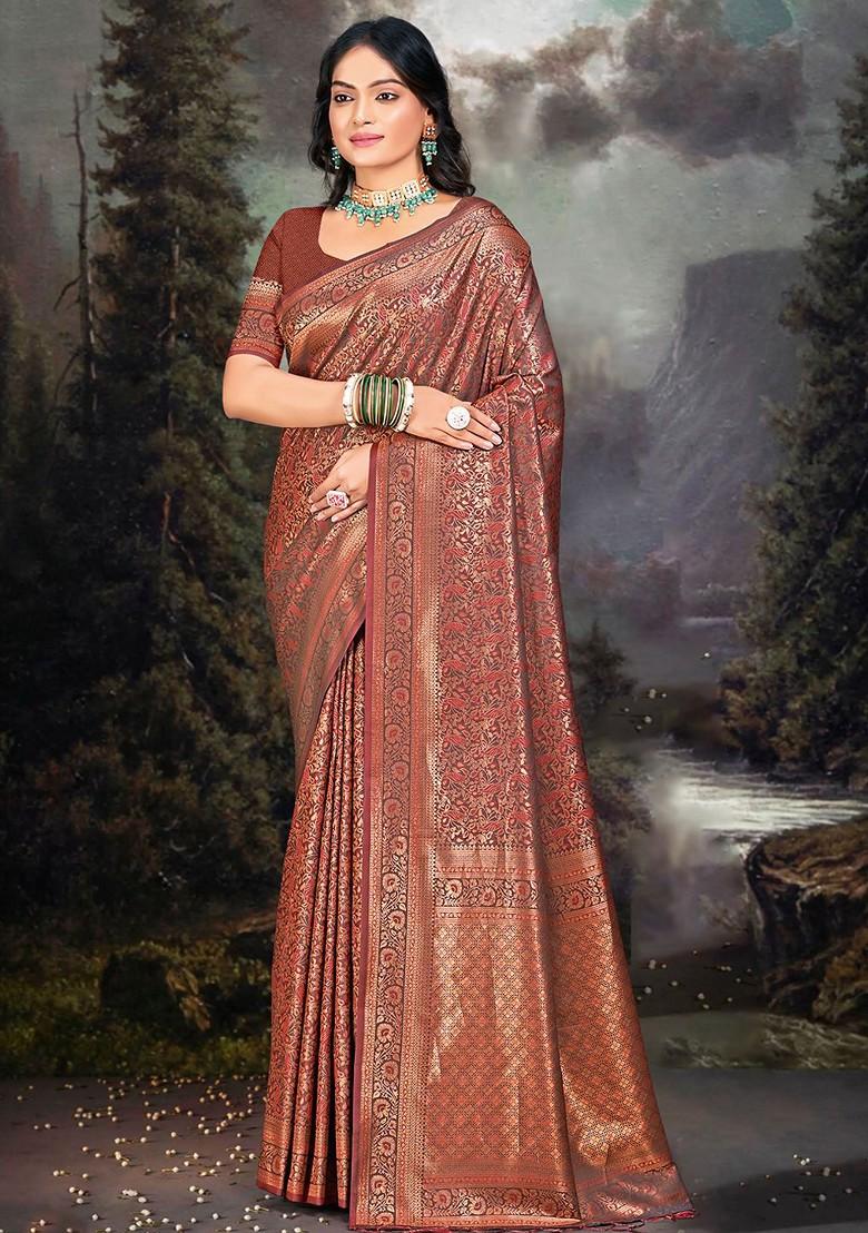 Brown Printed Woven Poly Blend Saree Set