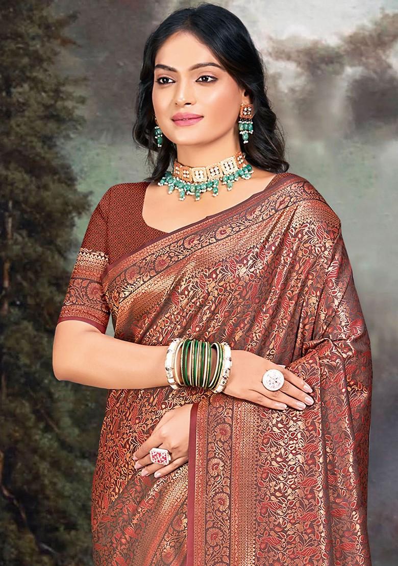 Brown Printed Woven Poly Blend Saree Set