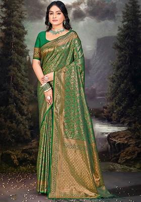Green Floral Print Woven Poly Blend Saree Set