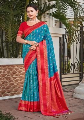Blue Printed Woven Poly Blend Saree Set