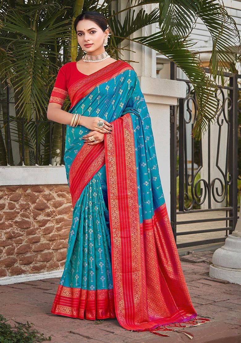 Blue Printed Woven Poly Blend Saree Set