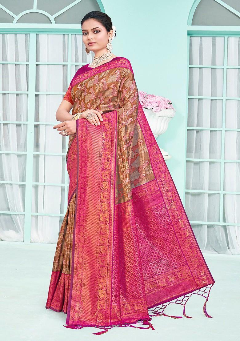 Brown Printed Woven Poly Blend Saree Set