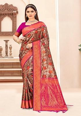 Pink Printed Woven Poly Blend Saree Set