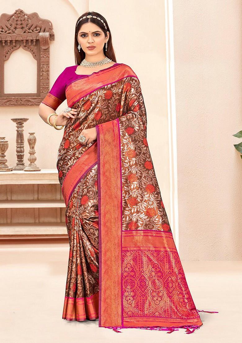 Pink Printed Woven Poly Blend Saree Set