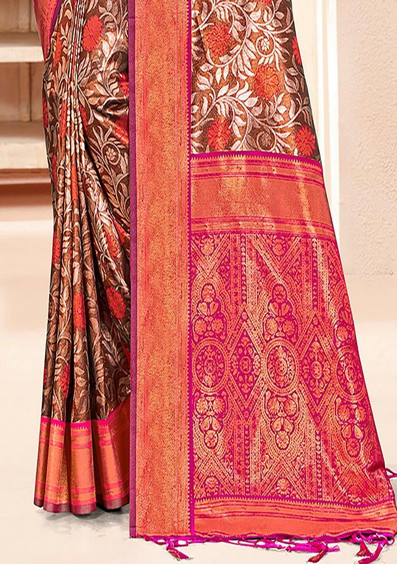 Pink Printed Woven Poly Blend Saree Set