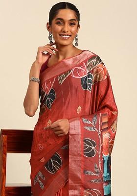 Red Floral Print Woven Poly Blend Saree Set