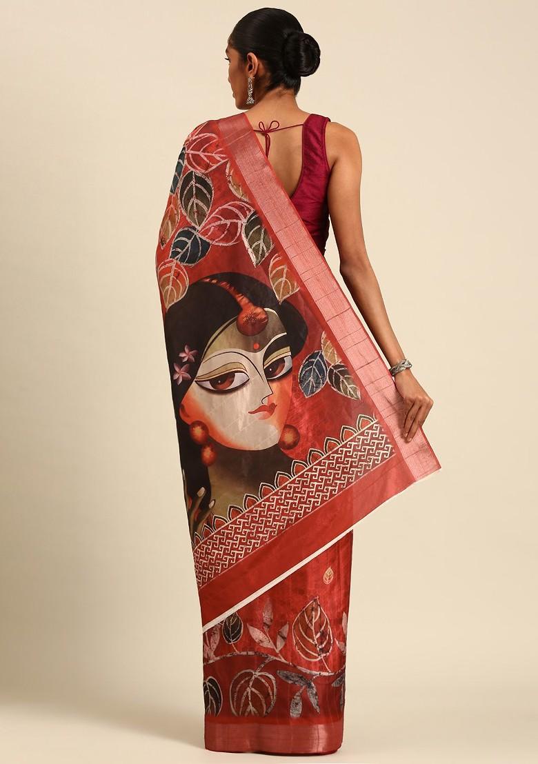 Red Floral Print Woven Poly Blend Saree Set