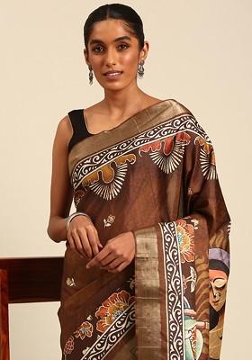 Brown Floral Print Woven Poly Blend Saree Set