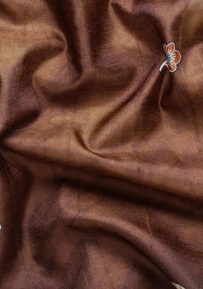 Brown Floral Print Woven Poly Blend Saree Set