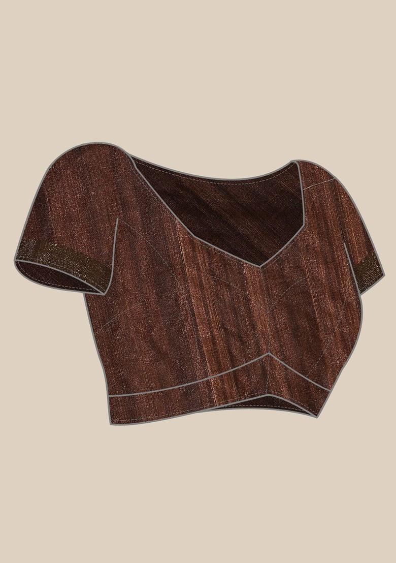 Brown Floral Print Woven Poly Blend Saree Set