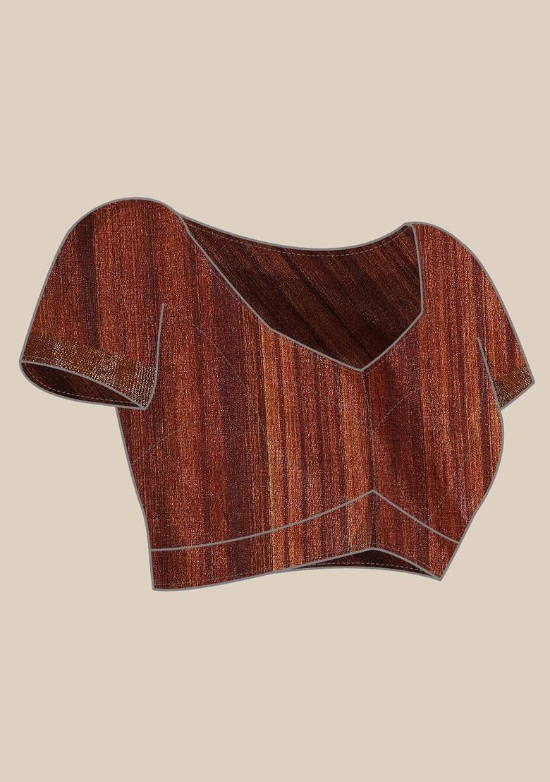 Brown Floral Print Woven Poly Blend Saree Set