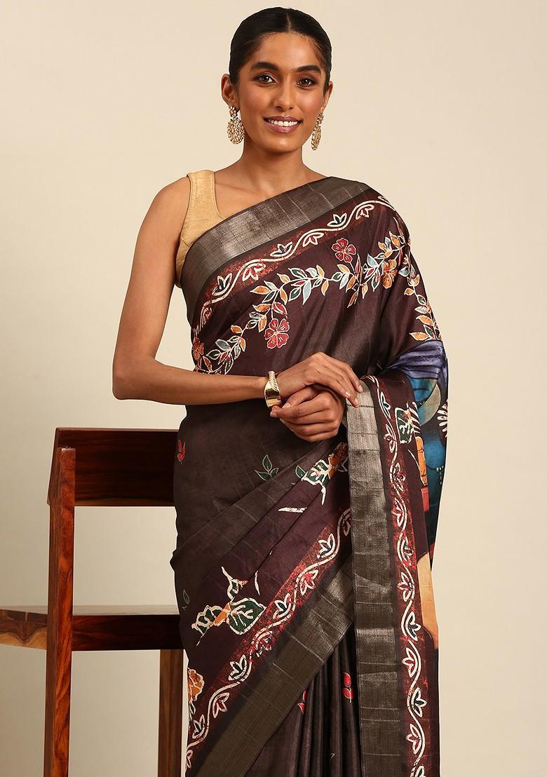 Brown Floral Print Woven Poly Blend Saree Set