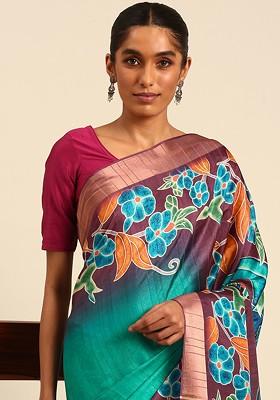 Blue Floral Print Woven Poly Blend Saree Set