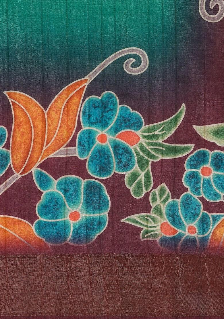 Blue Floral Print Woven Poly Blend Saree Set