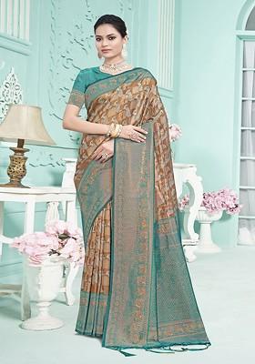 Sea Green Printed Woven Poly Blend Saree Set