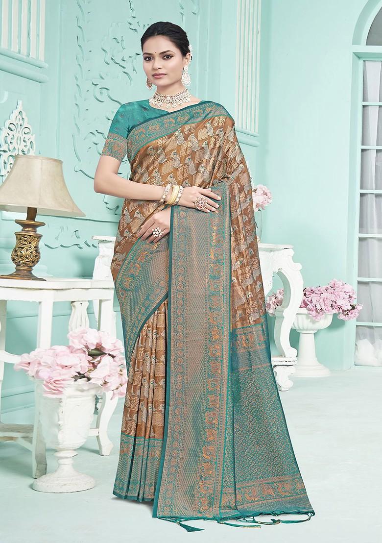 Sea Green Printed Woven Poly Blend Saree Set
