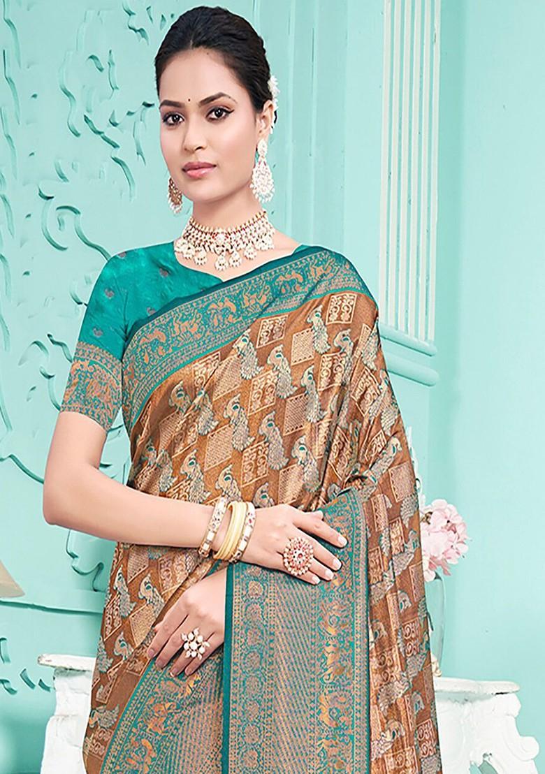 Sea Green Printed Woven Poly Blend Saree Set