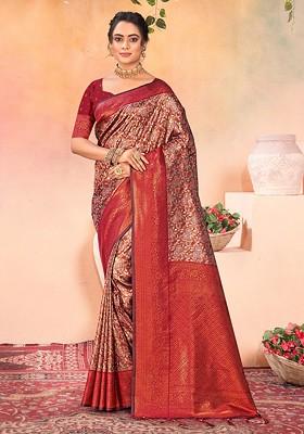 Brown Floral Print Woven Poly Blend Saree Set