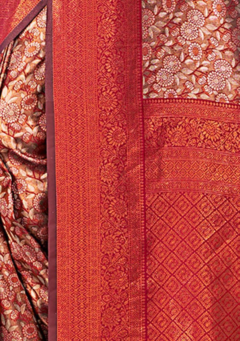 Brown Floral Print Woven Poly Blend Saree Set