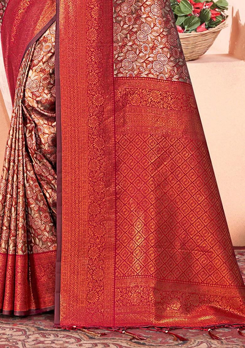 Brown Floral Print Woven Poly Blend Saree Set