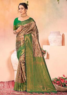 Brown Floral Print Woven Poly Blend Saree Set