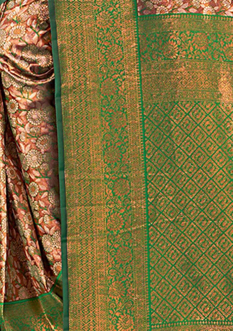 Brown Floral Print Woven Poly Blend Saree Set