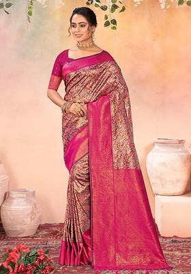 Brown Floral Print Woven Poly Blend Saree Set