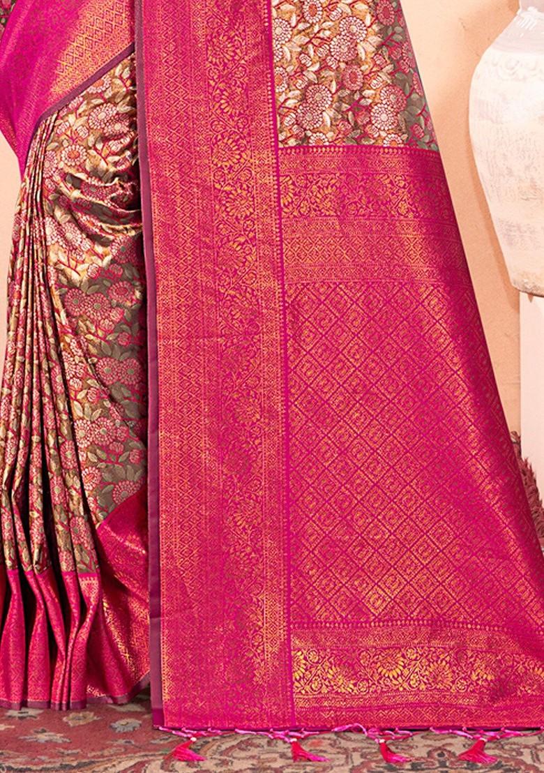 Brown Floral Print Woven Poly Blend Saree Set