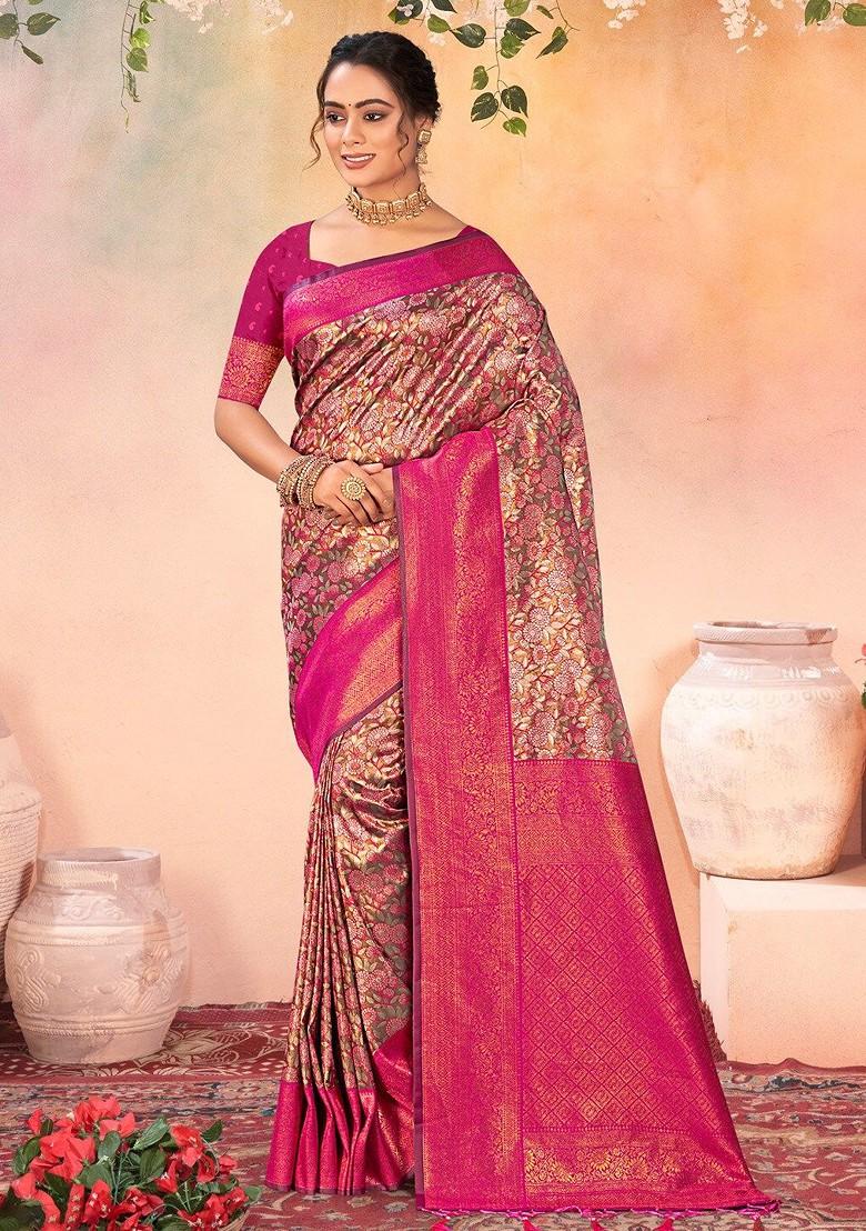 Brown Floral Print Woven Poly Blend Saree Set