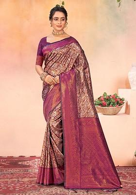 Brown Floral Print Woven Poly Blend Saree Set