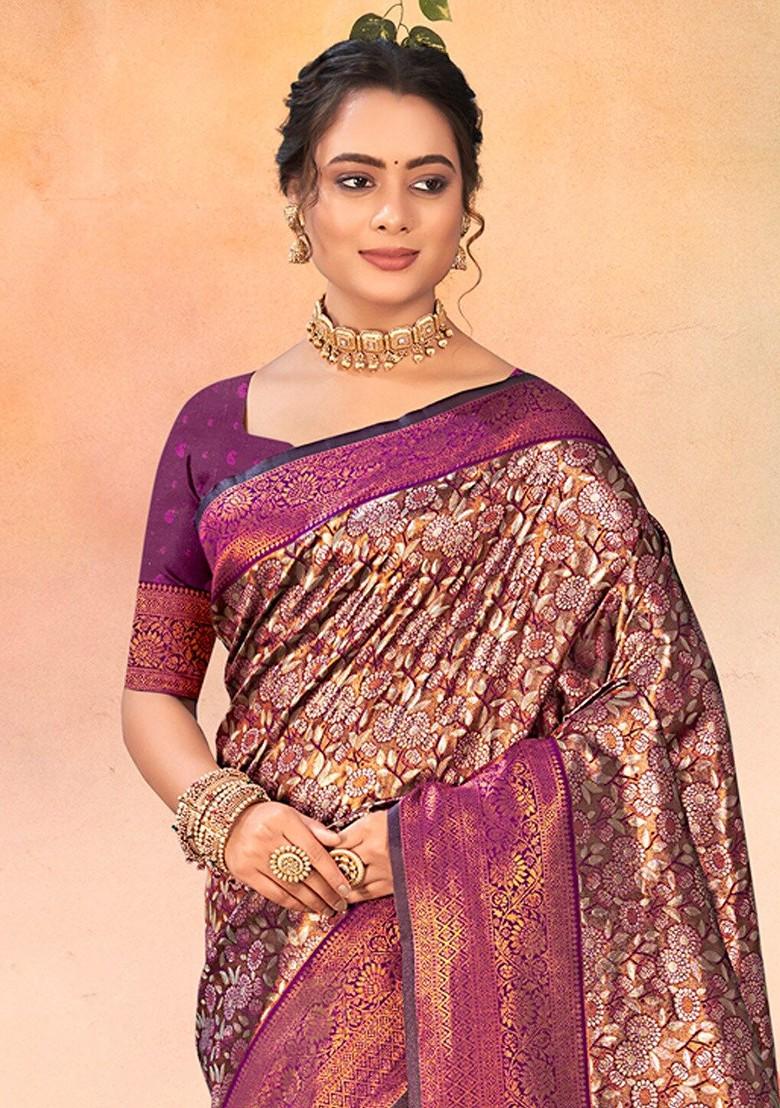 Brown Floral Print Woven Poly Blend Saree Set