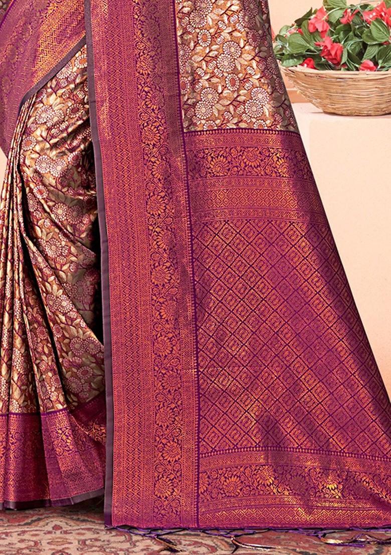 Brown Floral Print Woven Poly Blend Saree Set