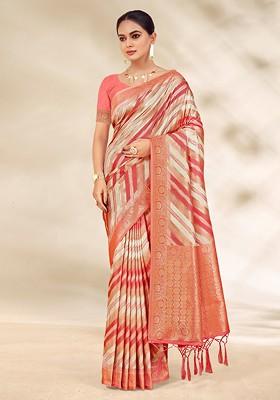 Peach Floral Print Woven Poly Blend Saree Set