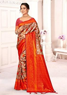 Brown Floral Print Woven Poly Blend Saree Set